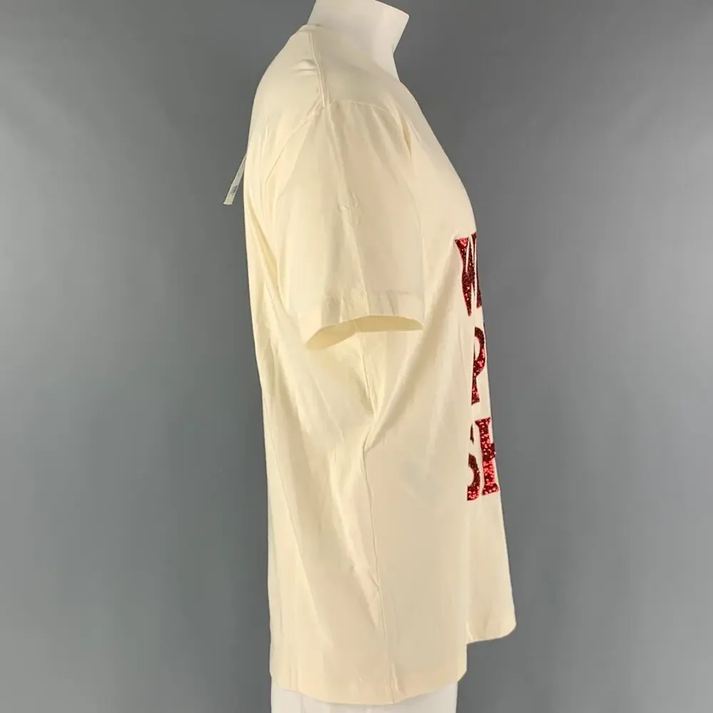 GUCCI Size M Beige Red Embroidery Cotton Crew-Neck T-shirt